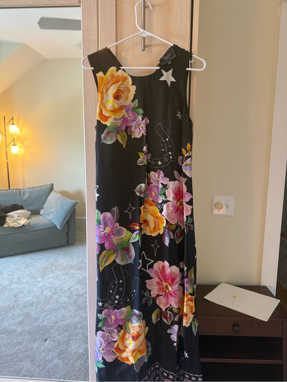 Johnny Was Black Sleeveless Maxi Dress with Yellow, Pink and Purple Floral Print